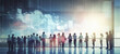 © chiew - Crowd, business people standing together, scrutinizing a large digital wall display showing stock market index, Toned image double exposure, blurred,  background