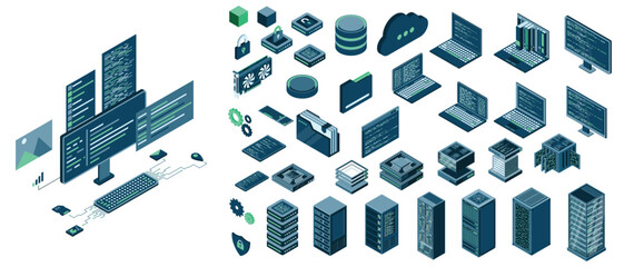 Wall Mural - Set of isometric computer technology. Isometric set server equipment. Technology isometric icons. Digital technology items. Vector illustration