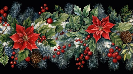 Wall Mural -  a painting of holly and poinsettis with pine cones.  generative ai