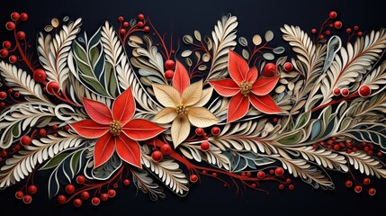 Poster -  a painting of flowers and leaves on a black background with red berries.  generative ai