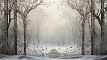  A Painting Of A Winter Scene With Trees And Birds In The Snow.  Generative Ai