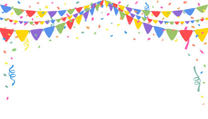 Wall Mural - Celebrate hanging triangular garlands with confetti. Colorful perspective flags party isolated on white background. Birthday, Christmas, anniversary, and festival fair concept. Vector illustration.