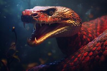 Portrait Of A Red Snake With Open Mouth And Sharp Poisonous Teeth Ready To Bite.