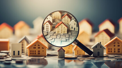 Wall Mural - House searching with magnifying glass. Searching for buy house concept, real estate loan, mortgage and investments concept. Choice of real estate to buy and invest in.