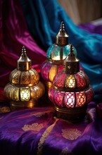 Diwali Decoration, Three Beautiful Oil Lamps Under A Blanket Of Colors Adorning The House
