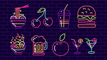 Neon Food Icons In Vintage Style On Light Background Vector Illustration