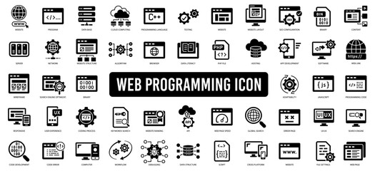 Programming icon set including workflow, landing page, website, error, dashboard, web slider, program, develop, workflow, coding