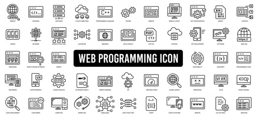 Programming icon set including workflow, landing page, website, error, dashboard, web slider, program, develop, workflow, coding