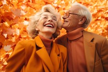 A Beautiful Autumn Portrait Of A Smiling Man And Woman Surrounded By Falling Leaves And Orange Confetti Evokes Joy And Warmth In The Great Outdoors