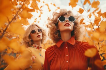 Wall Mural - Two beautiful women stand amongst a flurry of leaves in the autumn air, their fashionable clothing and goggles creating a stunning portrait