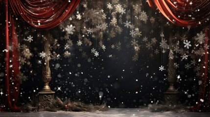 Poster -  a christmas scene with snow flakes and a red curtain.  generative ai