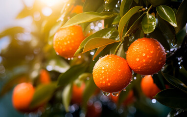 Branch of oranges with rain drops and green leaves on tree.