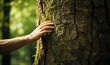 Man hand touch the tree trunk. Bark wood.Caring for the environment. The ecology the concept of saving the world and love nature by human. Ecology and energy forest nature copy space