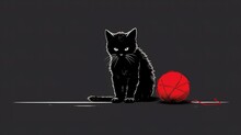 Illustration Of A Cat Playing With A Ball Of Wool, In A Minimalist Style