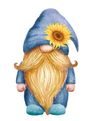 Wall Mural - Cute garden Gnome with sunflowers on hat. Holiday card design. Watercolor drawing.