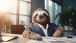 © SergeyIT - Sloth like a successful and confident businessman working in the office. Generative AI