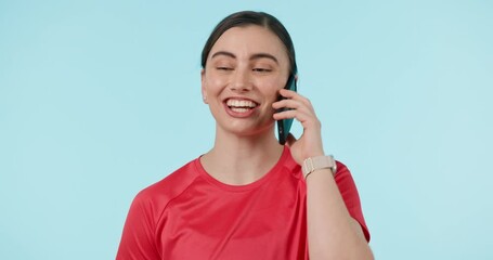 Poster - Happy, phone call and woman in studio networking, contact and laughing against blue background. Smartphone, face and female model with online communication, conversation or smile for app discussion