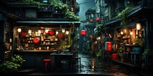 AI Generated. AI Generative. Traditional Japanese City Town Walking Street Night Life In Rain Time. Cityscape Adventure Travel Explore. Future Cyberpunk Asian Vibe.