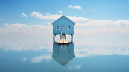 Poster -  a blue house sitting on top of a body of water.  generative ai