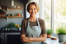 Smiling Midlife Homemaker In A Cozy Kitchen