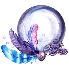 Watercolor illustration of crystal magic ball, bottle, crystal, amulet and feathers.