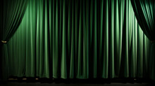 Empty Theater Stage With Green Velvet Curtains. Spotlight Showtime Copy Space