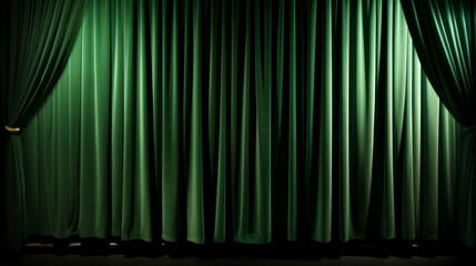 Empty theater stage with green velvet curtains. Spotlight showtime copy space