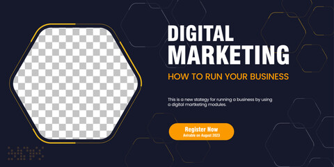 Wall Mural - A Dark blue abstract banner with Hexagon shapes water mark, used for Business webinar horizontal banner template design. Digital marketing banner concept design