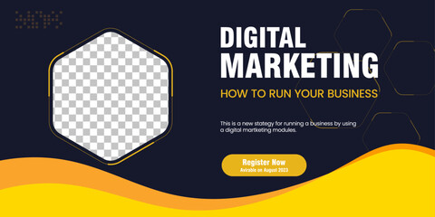 Wall Mural - Digital marketing banner concept design with yellow abstract shapes footer banner and Dark blue abstract banner with Hexagon shapes water mark, used for Business banners