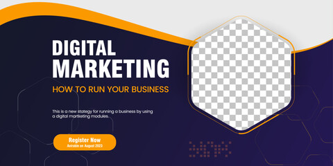 Wall Mural - Digital marketing concept webinar horizontal banner, yellow and dark blue abstract curve template design. Abstract curve banner design with black and white background