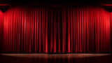 Fototapeta Morze - Empty theater stage with red velvet curtains. Spotlight showtime copy space