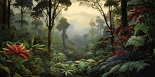 AI Generated. AI Generative. Exotic Tropical Rainforest Jungle Forest Green Fresh Landscape. Asia Adventure Explore Tour. Graphic Art