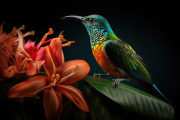 Wall Mural - Colored tropical bird and beautiful surreal flowers. Generative AI