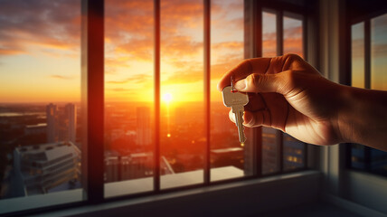 Wall Mural - Hand holding keys in new condo with evening light.