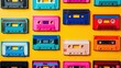 audio tapes cassetes in vibrant colors, retro 90s.