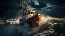 Fishing Boat Sailing On A Brave Sea In The Storm.