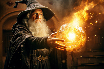 Wall Mural - Generative ai collage photo of powerful warlock cast fire fiery spell