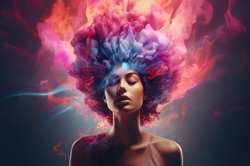  Concept of mental health. Portrait of a girl with exploding head with multicolored paints.