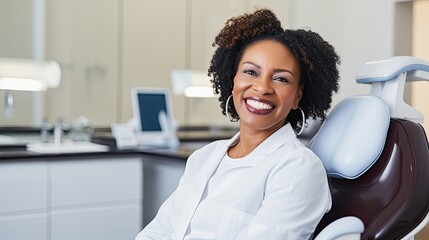 Mature afro american black woman, smile after the whitenning teeth treatment at the dentist.