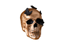 Skull Figurine For Holiday Cut Out On Transparent Background. Golden Skull For Halloween Or Day Of Dead Holiday Design.
