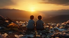 Two Young Children Perched Atop The Trash Heap, Gazing At The Setting Sun.