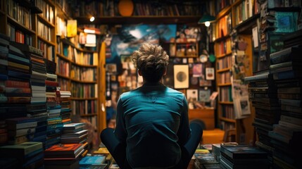 man enjoys a quiet moment, surrounded by shelves filled with books.