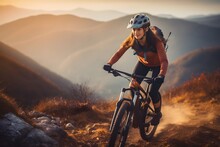 Woman Riding Bicycle On Mountain Trail, Female Cyclist On Sports Bike