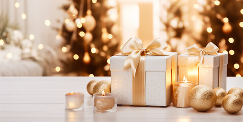 Christmas presents on a white table with gold ornaments scattered around and burning candles. Christmas tree in the blurred background. Festive and warm mood.