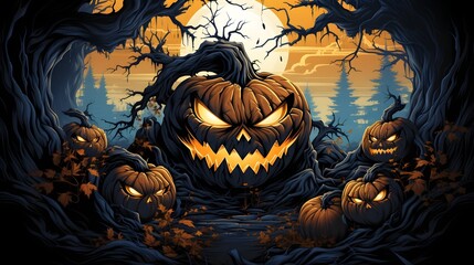 Wall Mural - halloween background with pumpkins in the forest