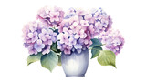 Fototapeta Zwierzęta - Watercolor hydrangea flowers with vase isolated on transparent background. hydrangea flower png