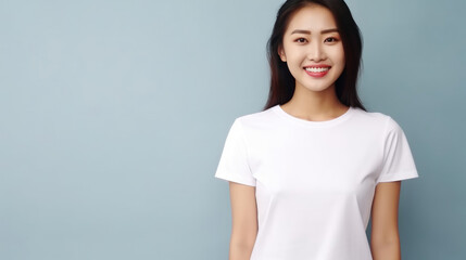 Wall Mural - Smile Asian woman fit in Frame wearing bella canvas white shirt mockup,  isolated color background