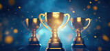 Fototapeta  - Gold trophy cup on blue abstract background