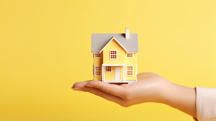 Wall Mural - woman hand holding house model on yellow background.