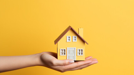 Wall Mural - woman hand holding house model on yellow background.